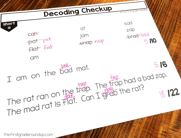 Teacher decodable assessment The teacher has recorded the accuracy and errors on the decodable text assessment.